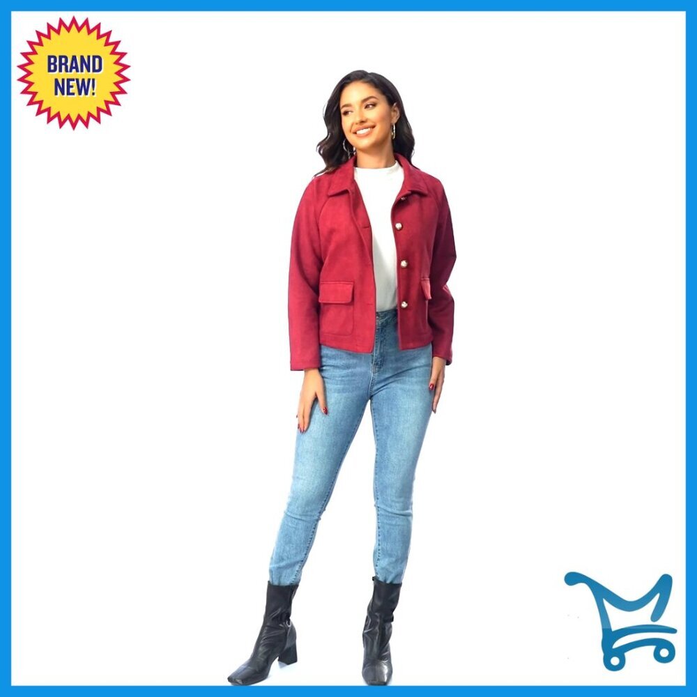 Cropped Faux Suede Jacket Button Down Casual Fall Winter Shacket - Picture 7 of 7